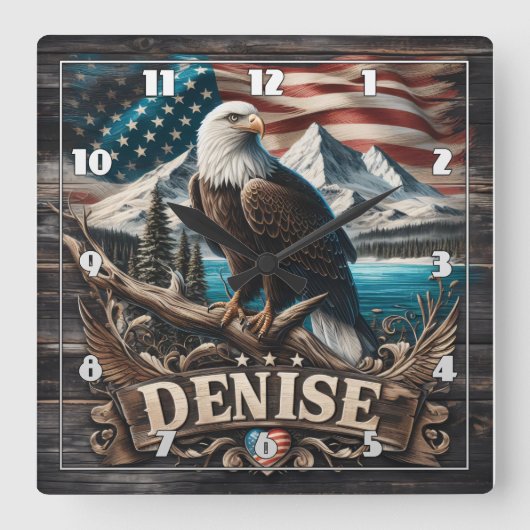 Adelaar op tak met vlagachtergrond vierkante klok (Voorkant)