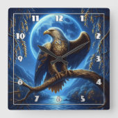 Adelaar op tak onder volle maan vierkante klok (Voorkant)