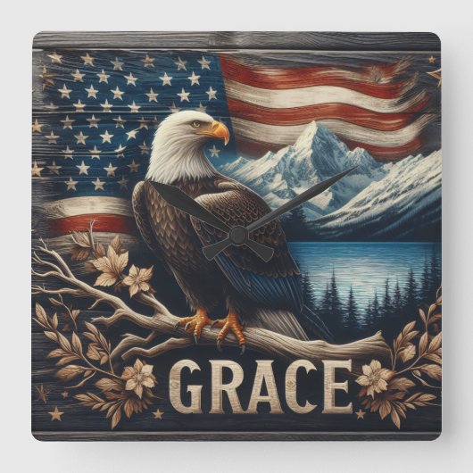 Adelaar op tak tegen berglandschap vierkante klok (Voorkant)