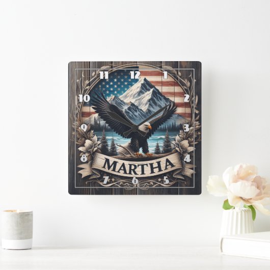 Adelaar spreidt vleugels door bergen vierkante klok (Huis)