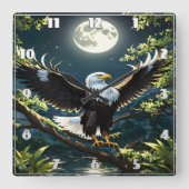 Adelaar spreidt vleugels op tak onder maanlicht vierkante klok (Voorkant)