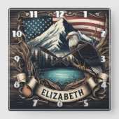 Adelaar stijgt met berg en vlag vierkante klok (Voorkant)