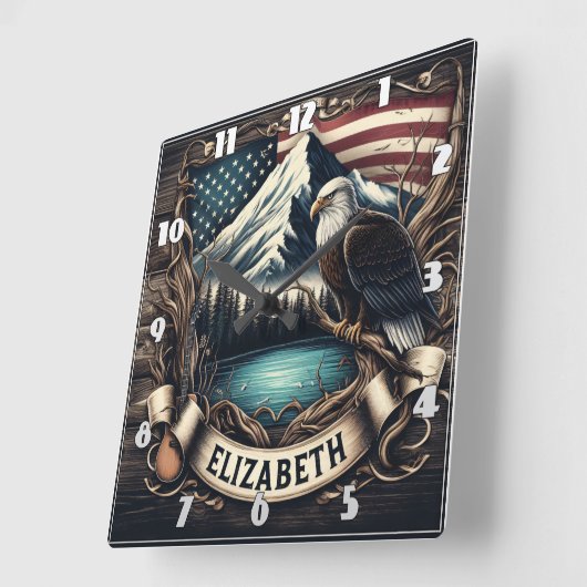 Adelaar stijgt met berg en vlag vierkante klok (Hoek)