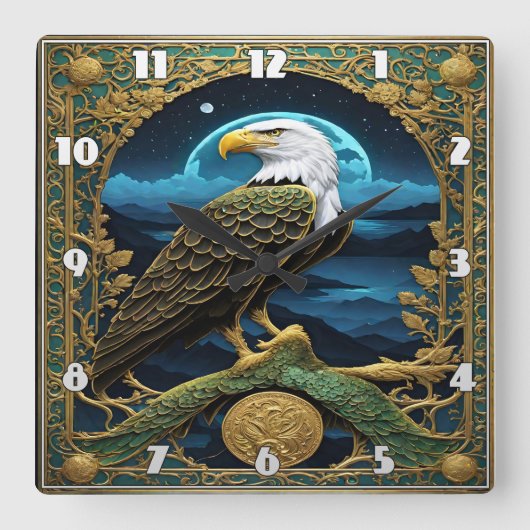 Adelaar tegen de nachtelijke hemel met bergen vierkante klok (Voorkant)