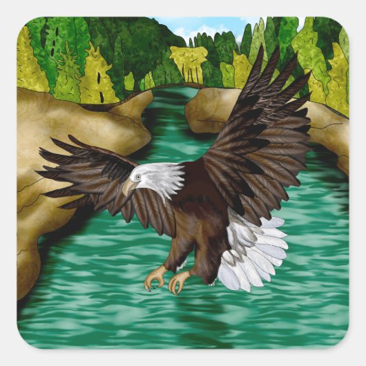 Adelaar Vliegen over de rivier in de bergen Vierkante Sticker (Voorkant)