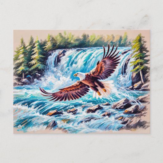 Adelaar Vliegen Voor Waterval Pastel Chalk Briefkaart (Voorkant)
