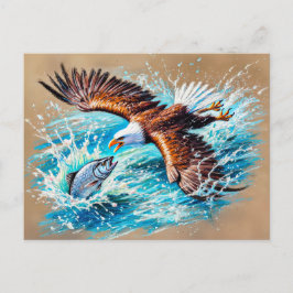 Adelaar vliegt over rivier op jacht naar zalmpaste briefkaart