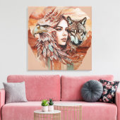 Adelaar - Vrouw - Wolf - watercolor kunst 1 - Fan Canvas Afdruk (Insitu (Woonkamer))