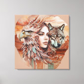 Adelaar - Vrouw - Wolf - watercolor kunst 1 - Fan Canvas Afdruk (Voorkant)