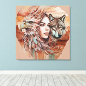 Adelaar - Vrouw - Wolf - watercolor kunst 1 - Fan Canvas Afdruk (Insitu (Houten vloer))