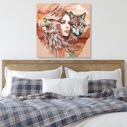 Adelaar - Vrouw - Wolf - watercolor kunst 1 - Fan Canvas Afdruk (Insitu (Slaapkamer))