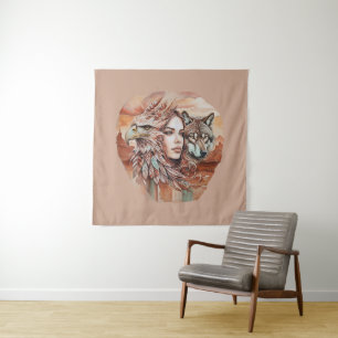 Adelaar - Vrouw - Wolf - watercolor kunst 1 - Fan  Wandkleed