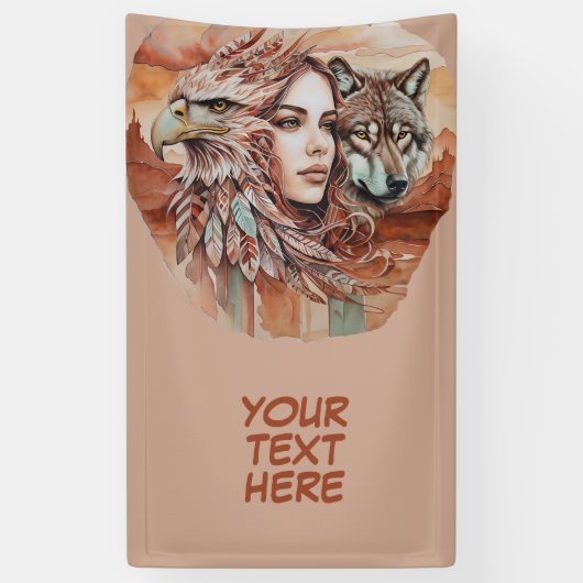 Adelaar - Vrouw - Wolf - waterverf kunst 1 - Fan F Spandoek (Verticaal)