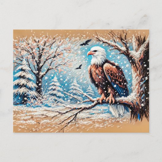 Adelaar zit op boom tijdens sneeuwval in de winter briefkaart (Voorkant)