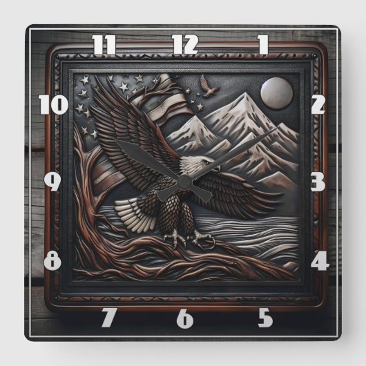 Adelaarssculptuur met berg- en vlagontwerp vierkante klok (Voorkant)