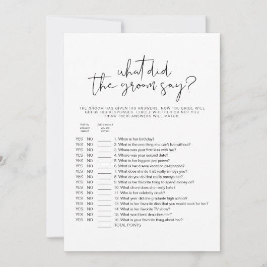 ADELLA Simple Wat zei de Groom Bridal Game Kaart (Voorkant)