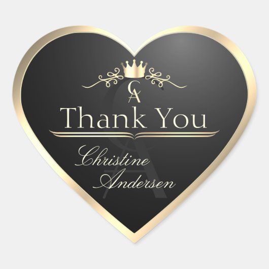 Adellijk Zwart met Gouden Frame en Monogram Bedank Hart Sticker (Voorkant)