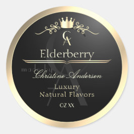 Adellijk zwart productlabel met gouden frame monog ronde sticker