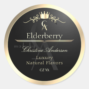 Adellijk zwart productlabel met gouden frame monog ronde sticker