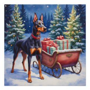 Adellijke Dobermann die Kerst slee bewaakt Winter Perfect Poster
