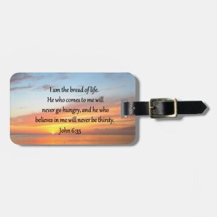 ADEMBENEMEND JOHN 6:35 ZONSOPGANG ONTWERP BAGAGELABEL