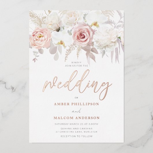 Adembenemend Roos Goud & Blush Bloemen Bruiloft Ec Folie Uitnodiging (Voorkant)