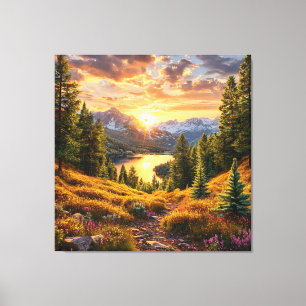 Adembenemende Alpenzonsopgang boven bebost dal Canvas Afdruk