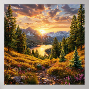 Adembenemende Alpenzonsopgang boven bebost dal Poster