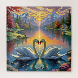 Adembenemende bergzonsondergang met elegante zwane legpuzzel