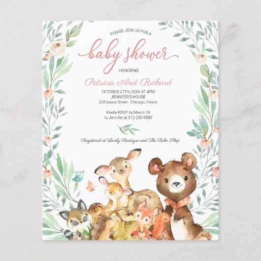 Adembenemende bos-babyshower budget uitnodiging (Voorkant)
