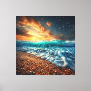 Adembenemende kustzonsondergang boven oceaangolven canvas afdruk