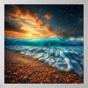 Adembenemende kustzonsondergang boven oceaangolven poster