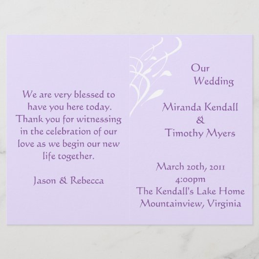 Adembenemende, lichtelijk Lavendar Wedding Program (Voorkant)