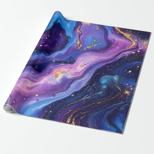 Adembenemende Paarse Blue Magenta Gold Galaxy Cadeaupapier (Uitgerold)
