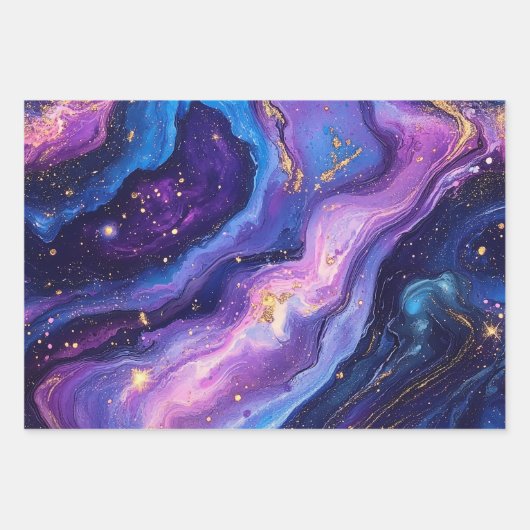 Adembenemende Paarse Blue Magenta Gold Galaxy Inpakpapier Vel (Voorkant 2)