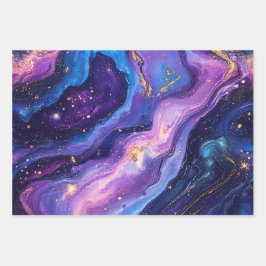Adembenemende Paarse Blue Magenta Gold Galaxy Inpakpapier Vel