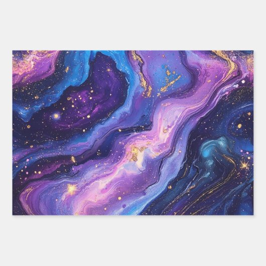 Adembenemende Paarse Blue Magenta Gold Galaxy Inpakpapier Vel (Voorkant)