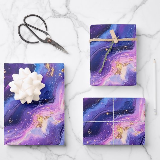 Adembenemende Paarse Blue Magenta Gold Galaxy Inpakpapier Vel (Voorkant)