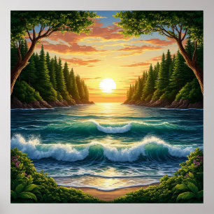 Adembenemende zonsopgang boven oceaangolven poster