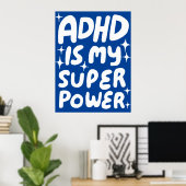 ADHD is mijn Superpower Fun Bubble Letters Blauw Poster (Thuiskantoor)