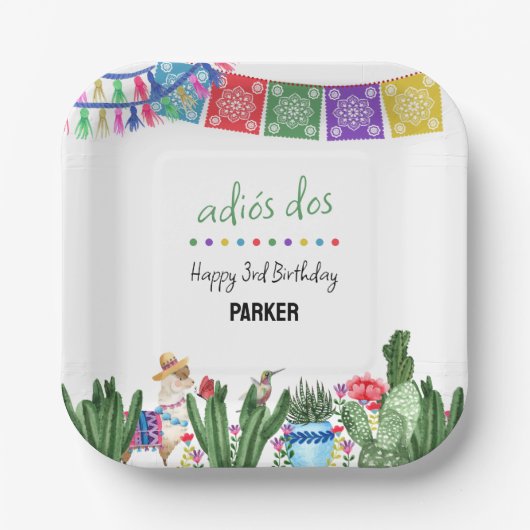 Adios Dos 3e Verjaardag Drie-Esta Fiesta Party Papieren Bordje (Voorkant)