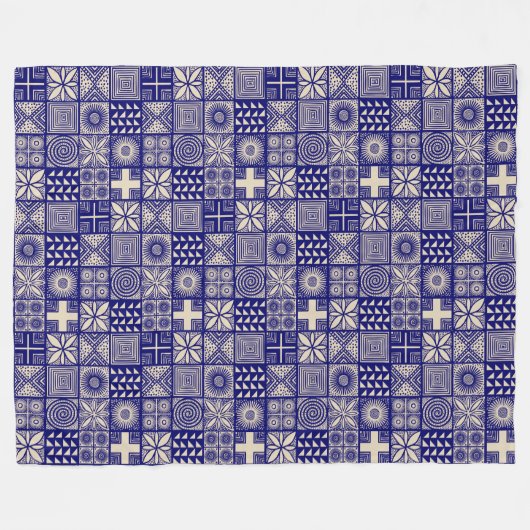 Adire Pattern - Deep Blue en Beige Fleece Deken (Voorkant (Horizontaal))