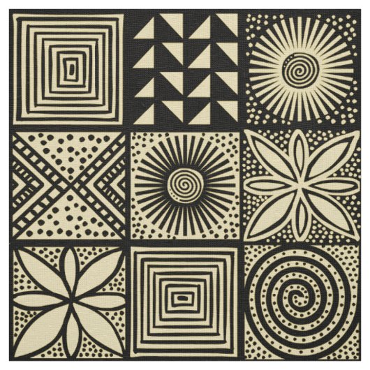 Adire Pattern - Zwart op ffe78a Stof (Swatch)