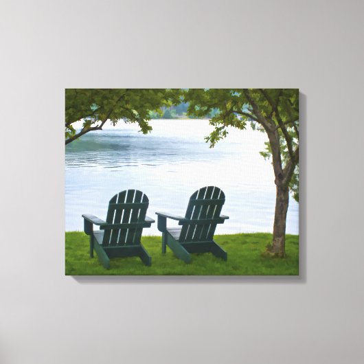 Adirondack Chairs tegenover een meer Canvas Afdruk (Voorkant)