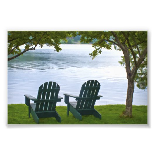 Adirondack Chairs tegenover een meer Foto Afdruk (Voorkant)
