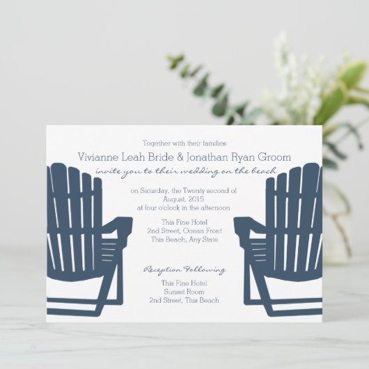 Adirondack Marine Blauw Strand Stoelen Bruiloft Kaart (Staand voorkant)