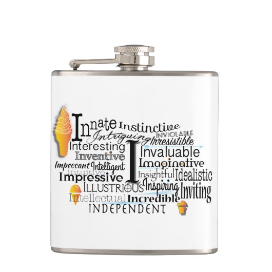 Adjectief Word Cloud begin met letter I Heupfles (Voorkant)