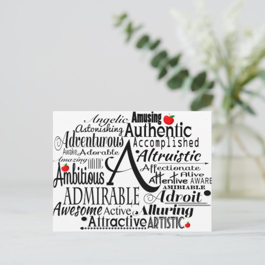 Adjectief Word Cloud beginnend met letter A Briefkaart (Staand voorkant)