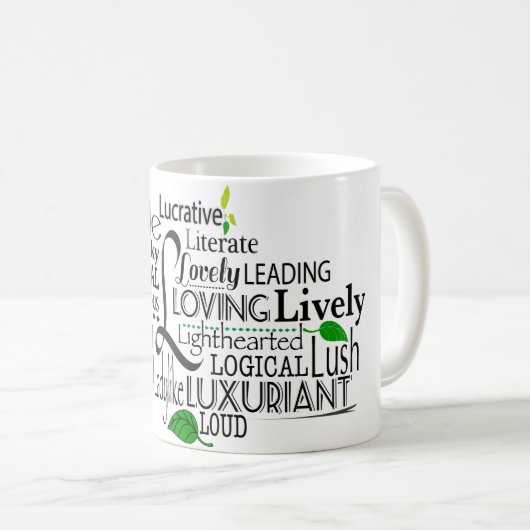 Adjectief Word Cloud beginnend met letter L Koffiemok (Voorkant rechts)