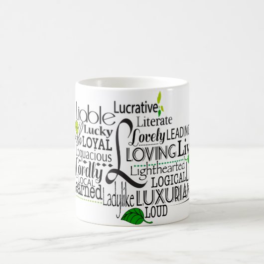 Adjectief Word Cloud beginnend met letter L Koffiemok (Center)